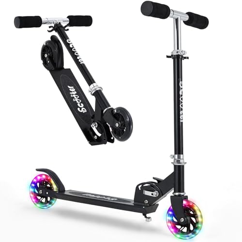 Ligero y Plegable Patinete Infantil de 2 Ruedas LED - Manillar Ajustable en 4 Alturas - para niños y niñas de 3 a 12 años - Uso Interior/Exterior - Color Negro Europeo