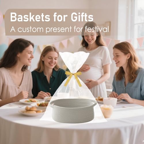 Image of JMvicyroam Small Woven Basket, Empty Gift Basket, Grey /1 Pack | Small Gift Basket, Cotton Rope, 12 x 8 x 36 in, Handles, Includes Ribbon and Bag, Birthday Gift Basket