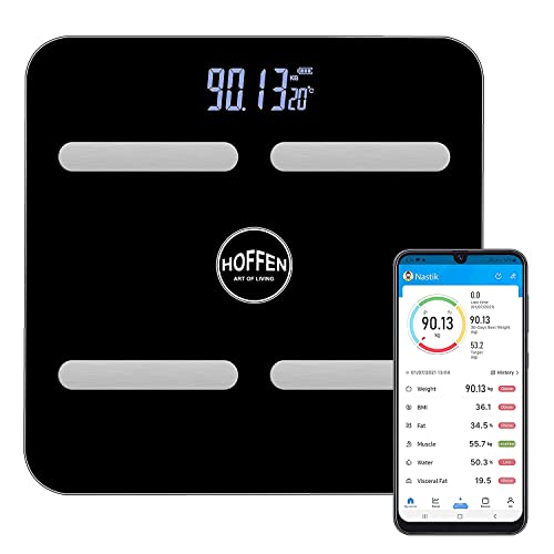 Image of Hoffen (Made in India) Smart Personal Body Fitness wireless Weighing Scale | Fat, Muscle, Metabolism Rate Machine | Bluetooth Connectivity Measuring Scale Black