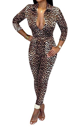 IyMoo Sexy V Neck Jumpsuits for Women-Long Sleeve Leopard Print Bodycon Jumpsuits Elegant Casual One Piece Outfits YD-Leopard L