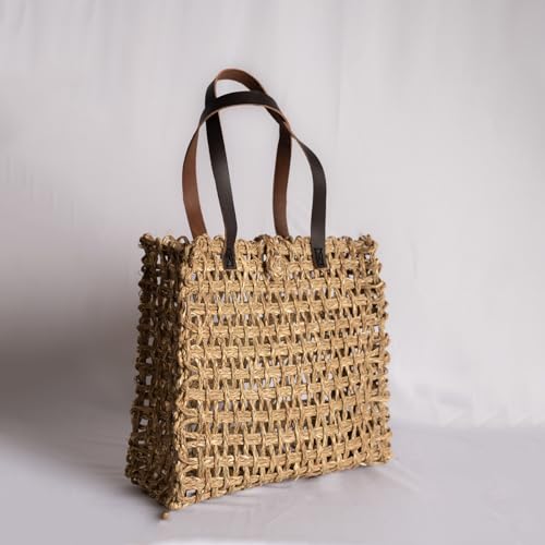 Image of KADAM HAAT Women Handmade Sabai Grass Lunch Bag with Leather Handle, Dry Grass Tiffin Bag for Lunch and Bottle for Office & School Eco-Friendly, Handcrafted (Beige)