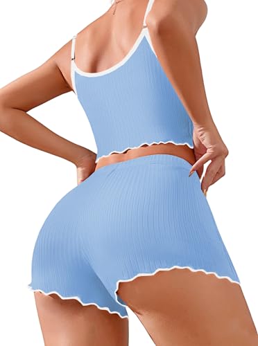 Image of Hilinker Womens Graphic Print Ribbed PJ Set Crop Cami Tops and Shorts Cute Pajamas Set