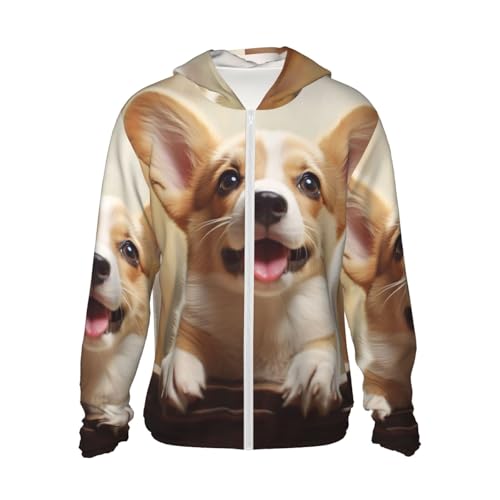 UPF 50+ Light Jacket Full Zip Sun Protection Hoodie for Women Men Long Sleeve Cute Corgi Sun Shirts Black