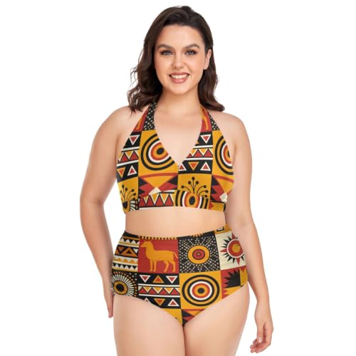 Bikini halter top et bas taille haute pour femmes avec motif totem boho réglable