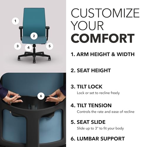 Image of HON Ignition 2.0 Mid‑Back Ergonomic Office Chair, Mesh Task Desk Chair with Lumbar Support, Standard Synchro‑Tilt, Height and Width Adjustable Arms, Black Frame, Sky