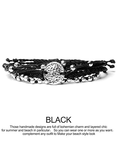 Mezcla Vida Bohemian Wave Coin Charms Black Beaded Handmade Braided Rope Surfing Woven Bracelets Sets For Women Teen Girls, Beach String Jewelry (Black) #TOP1