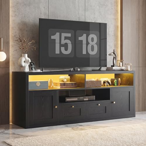 Image of LIKIMIO Black TV Stand for 65 inch TVs, Entertainment Center for Living Room | TV Consoles with 1 inch Thick Top, Ample Storage Space, Adjustable LED Light, Built-in Charging Station