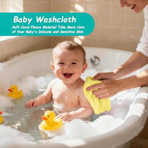 Image of HOMEXCEL Baby Washcloths 12 Pack-Microfiber Coral Fleece Baby Bath Face Towel 7 x 9 Inch Extra Absorbent Soft Burp Cloth and Wash Cloths for Newborn-Infants and Toddlers,Yellow