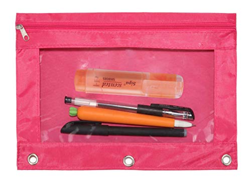 Image of 3-Ring Pen Pencil Pouch with Clear Window Stationery Bag Binder Case Classroom Organizers Pink
