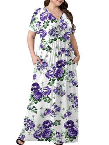 Image of PEVRL Plus Size Summer Maxi Dress for Curvy Women with Pockets 1X-5X | Short Sleeve, Twisted Front V-Neck, Summer Casual A Line Flowy Dress, Empire Waist Floral Print Beach Vacation Long Dress