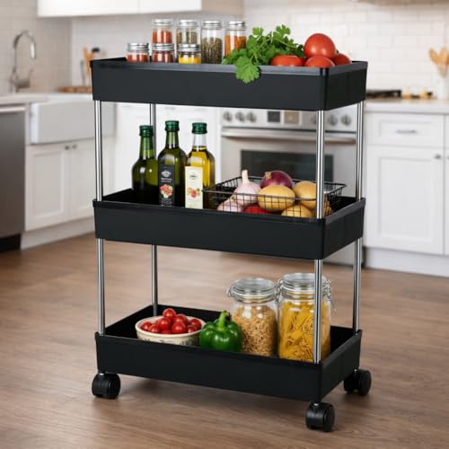 Image of Umite Chef 3 Tier Kitchen Trolley Organizer with Wheels | Multipurpose Storage Rack | Vegetable & Fruit Basket Stand | Rolling Utility Cart for Kitchen, Bathroom, Office - Black