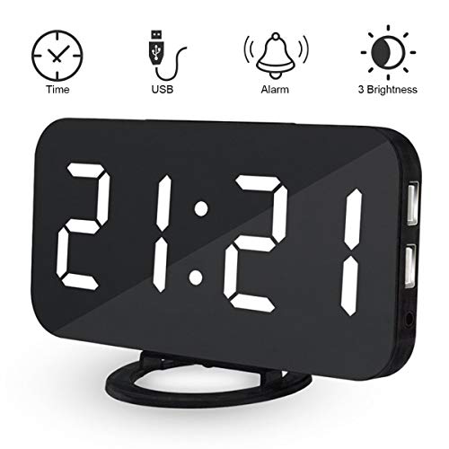 KidsHobby Multifonctions Réveil Numérique,LED Grand Ecran Réveil Numérique Horloge digitale avec Snooze Fonction Double Ports USB Charger (Blanc)