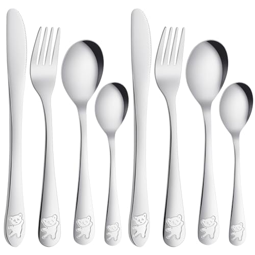 AUAUY 8 Piezas de Cubiertos de Acero Inoxidable, Incluye 1 Tenedor, 1 Cuchillo de Cena Seguro, 1 Cuchara Pequeña, 1 Cuchara Grande, Diseño de Osito Grabado para Niños y Niñas