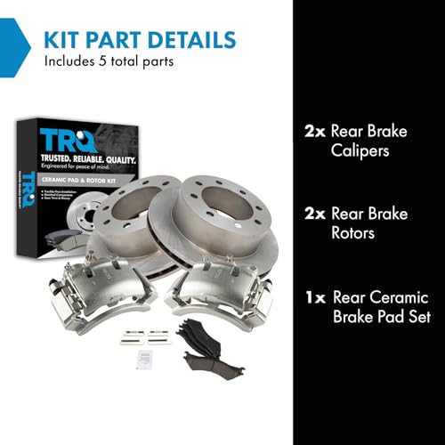 Image of TRQ Rear Brake Pad, Caliper, & Rotor Kit Ceramic Vented Compatible with 2003-2007 Ford E-250 1999-2002 E-250 Econoline