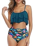 Tempt Me Women Ruffle High Waisted Bikini Dinosaur Two Piece Swimsuits Ruched Bathing Suit L