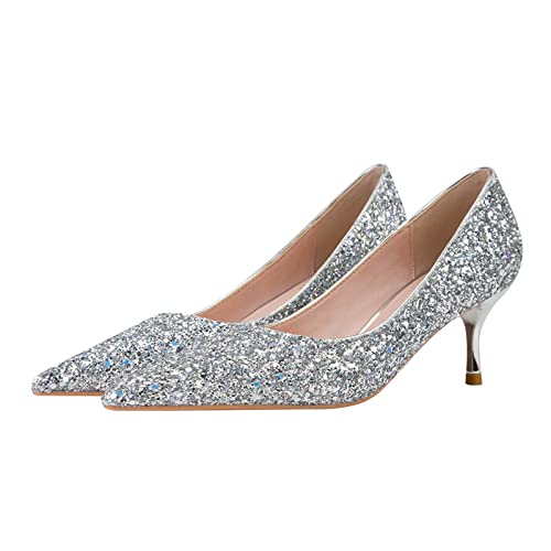 JOEupin Women's Fashion Glitter Sequins Pointed Toe Low Heel Pumps Wedding Dress Office Shoes2