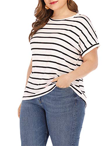 Gxlu Womens Plus Size Short Sleeve Striped T Shirts Summer Casual Crewneck Blouse Tops Black Stripe 2Xl #TOP2