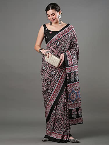Image of AKHILAM Women's Ajrak Block Print Soft Dola Silk Saree With Unstitched Blouse Piece