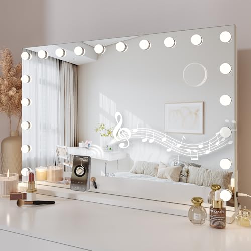 Dripex Espejo de Maquillaje con Luces con Bluetooth, 90x60cm Hollywood de Mesa o de Pared con Bombillas de 20 LED, Tres Colores de Luz y Función de Luminosidad Ajustable, Blanco