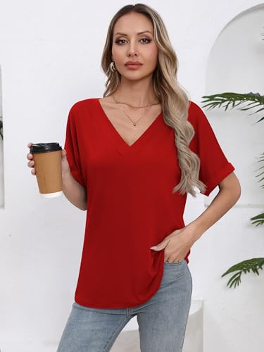 Missufe Women's 2025 Summer Tops V Neck Short Batwing Sleeve Loose Fit Casual Basic T Shirt2