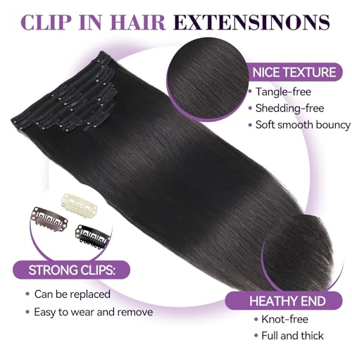 Image of Clip in Hair Extensions Real Human Hair 16 inch 90g /3.2oz Straight Seamless Invisible Human hair Extensions Clip ins for Women Double Weft 8pcs #1B-Natural Black