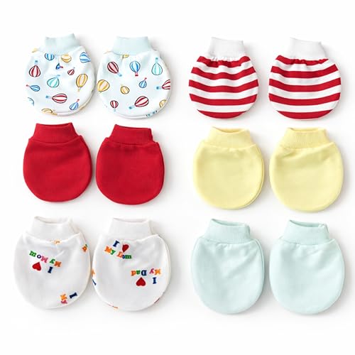 Image of Baby Eli Cotton Newborn Mittens (Picot Wrist) Set of 6 for Baby Boys & Girls 0-6 Months | Soft and Cozy Unisex Infant Gloves | Assorted Baby Hand Gloves | Adjustable Scratch Protection