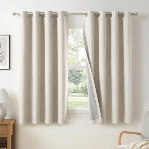 100% Blackout Shield Linen Blackout Curtains for Bedroom, Beige Grommet