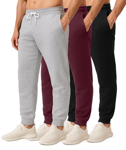 Real Essentials 3 Pack: Men's Jogger Sweatpants - Cotton Fleece Bottoms Athletic Pants with Pockets (Big & Tall Available)