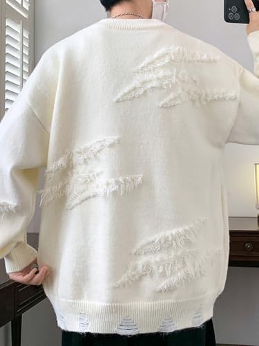 Men's Solid Ripped Drop Shoulder Long Sleeve Sweater, Unisex Casual Chic Oversized Round Neck Pullover Knitwear Tops4