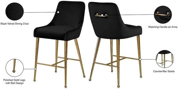 HomeStock African Artifacts Modern, Contemporary Velvet Upholstered Counter Stool with Polished Gold Metal Legs, Set of 2, 23" W x 21" D x 40" H, Ideal for Bar and Pub Height Tables Black