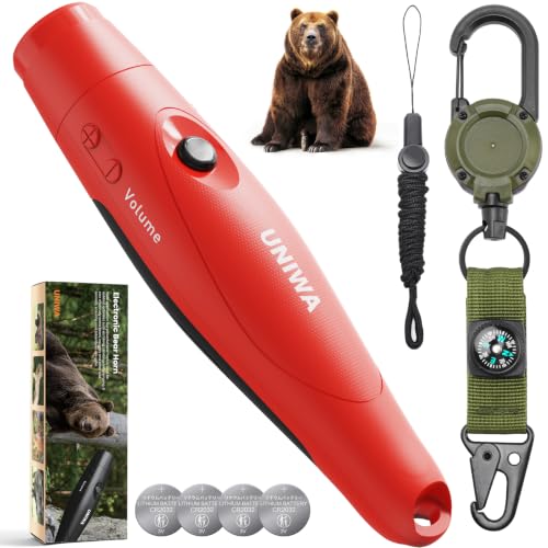 UNIWA Bear Horn - 125 dB Loud Safety Alarm with Compass & Retractable Hook Compact & Lightweight One-Button Operation for Camping Hiking Hunting; Essential for Outdoor Enthusiasts - Red