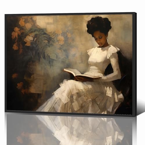 Póster vintage de retrato femenino leyendo un libro, lienzo enmarcado de pintura al óleo famosa, arte de pared antiguo afroamericano, fotos retro de chicas negras para decoración de pared para