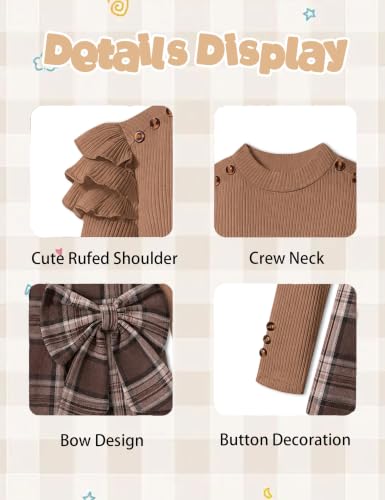 Image of Girls Clothes 2 Piece Ruffle Long Sleeve Shirt Top and Bow Plaid Skirt Set Girls Fall Winter Outfits 6-16 Years