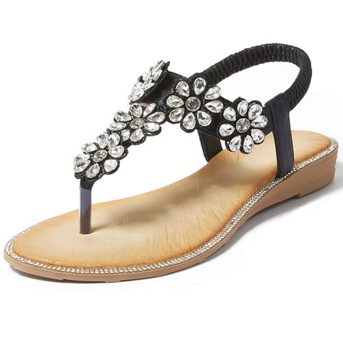 Image of iCKER Women Sandals Rhinestone Dressy Casual Summer flat flip flops Comfortable Sandals