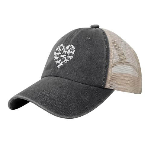 Wisedeal Horse Heart Horses Mesh Trucker Hat, Adjustable Washed Vintage Baseball Cap for Mom Dad Women Men Black