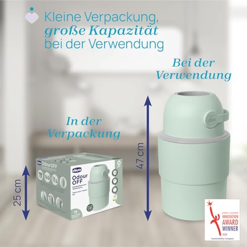 Chicco Teleskop-Windeleimer, Geräumig und Praktisch, Kompaktes Design, Kompatibel mit Chicco Odour Off Müllbeuteln, Hergestellt aus 50 Prozent wiederverwendetem Kunststoff, grün
