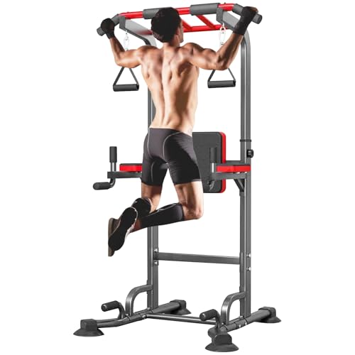 Power Tower Pull Up Bar Station Stable Dip Station with Backrest and Rings for Home Gym Strength Training Fitness Equipment