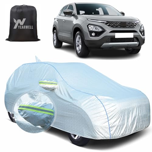 Image of Car Body Cover for Tata Harrier, 100% Waterproof, Heat-Resistant with Mirror & Antenna Pockets, Soft Cotton Lining, Triple Stitched, Green Reflector (Reflective Silver)
