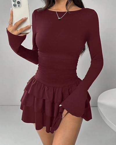 Women Elegant Long Sleeve Ruffle Tiered Layered Bodycon Mini Dress Crew Neck Ruched Fitted Flowy Hem Party Dress4