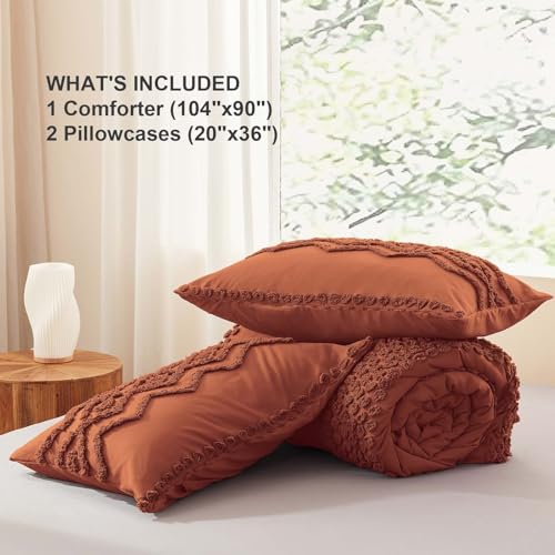 Image of Luxudecor Terracotta Boho Tufted Comforter Set King Size 3 Pieces Boho Shabby Chic Comforter Farmhouse Embroidery Bedding Set Soft Comforter for All Seasons (Terracotta, 104''x90'')