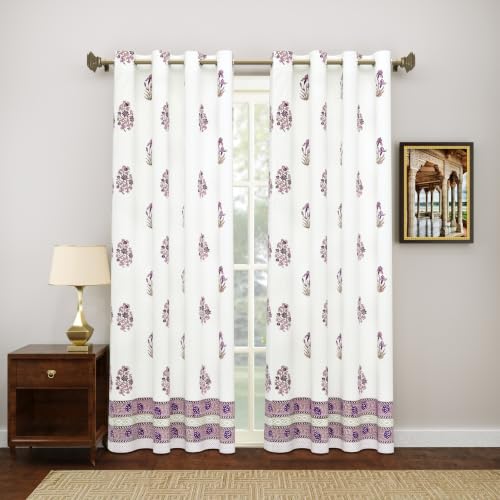 Image of BLOCKS OF INDIA Blackout Hand Block Printed Cotton Daylight Curtains with Eyelets(Set of 2 Curtains) (Block 14, 7 Feet /Door), Pink, White