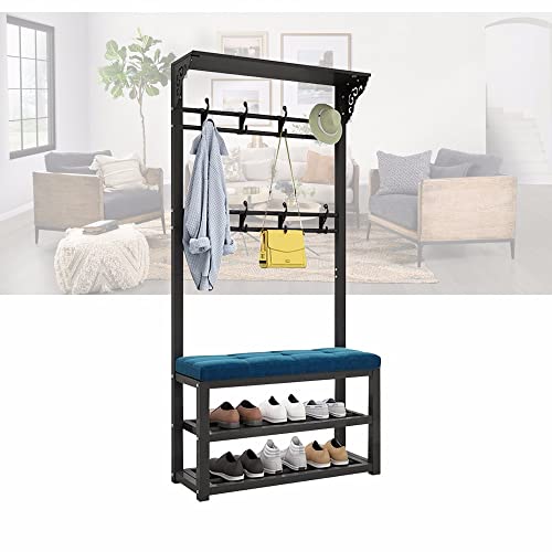 Perchero industrial con almacenamiento de zapatos, ajustable, con banco y ganchos, pies antideslizantes, carga máxima de 100 kg, fácil montaje, 80/100 cm, para sala de estar y entrada
