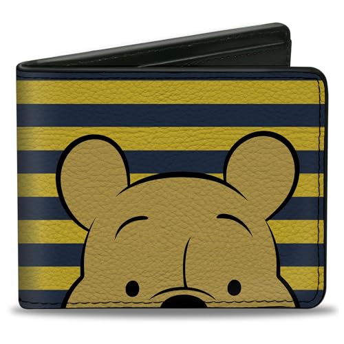 Buckle-Down Men's Disney Wallet, Bifold, Winnie The Pooh Eyes Stripe Navy Golden Yellow, Vegan Leather, 4.0