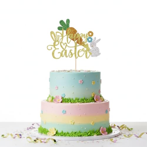 FmiyunEea Happy Easter Cake Topper-Glitter for Easter Day bunny Theme Party、 Baby Shower、Happy Birthday Party Decorations Supplies (Happy Easter)