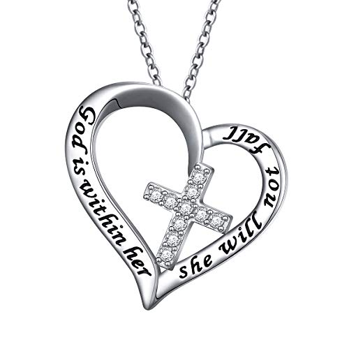 S925 Sterling Silver Christian Heart Inspirational Faith Verse Pendant Necklace for Women Girl