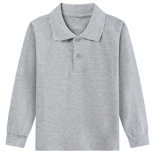 Boys Girls Long Sleeve Polo Shirts Kids School Uniform Golf Shirts Solid Color Polo T-Shirts 2-15 Years Gray