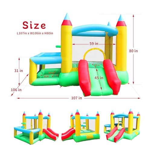 WELLFUNTIME Inflatable Bounce House with Slide, 107x106x80 Inch, Jumping Castle with Blower and Ball Pool, Basketball Game