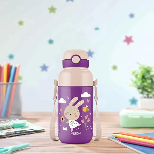 Image of Milton Steel Indus 400 Thermoware PU Insulated, 390 ml Water Bottle with Straw for Kids, Leak Proof Flip Top Sipper Lid Bottle, School, Picnic, Easy to Carry Belt, Purple