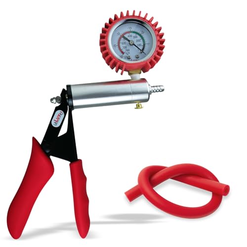LeLuv Ultima Red Vacuum Pump - Aluminum Alloy Silver Handle Manual Hand Vacuum (0-30 Hg, 0-760 mmHg), Gauge Installed with Protective Rubber Cover, Silicone Padded Grips with Silicone Hose