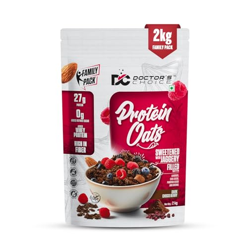 Image of DOCTORS CHOICE Oats, High Protein Oats, 27g Pure Protein Breakfast Cereals, Jaggery Sweetened, Rich in Fiber, No Additives and 0g Sugar 2 Kg, Dark Choco Berry